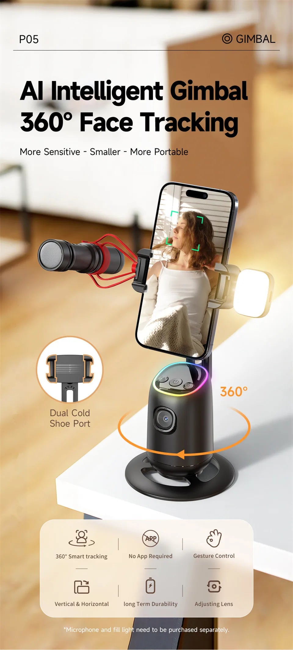 360 Gimbal Stabilizer Selfie Stand with lights